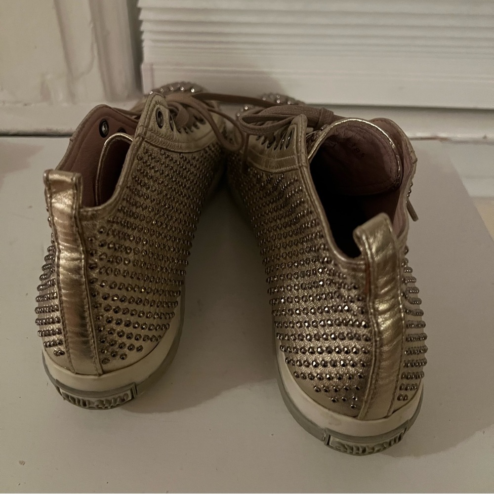 MIU MIU Gold Leather Sneakers High Top Lace Up Trainers Shoes